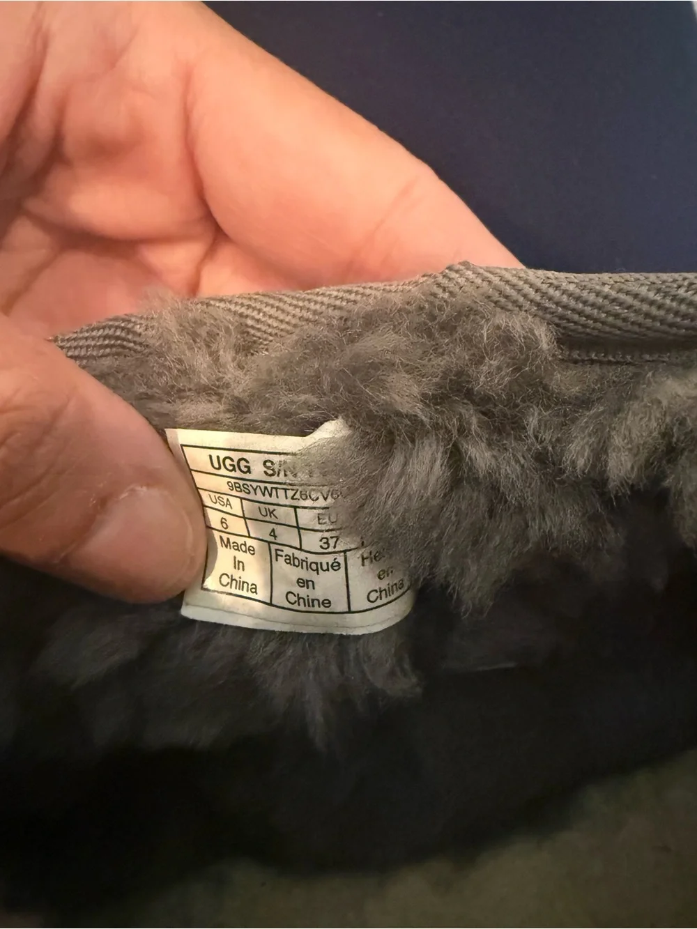 UGG Gray Shearling-Lined Boot Interior with Branded Size Tag